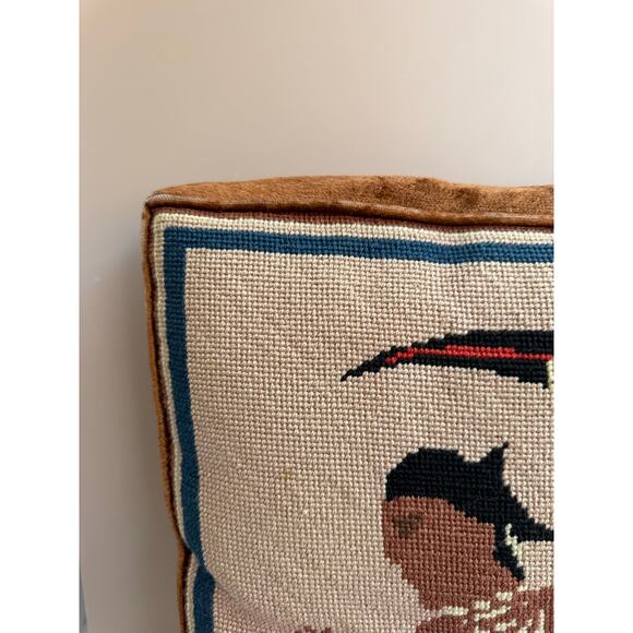 Vintage Native American Needlepoint Pillow | Woman with White Crane Bird - Picture 5 of 9
